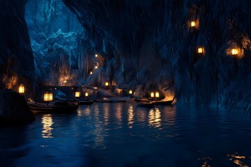 Enchanted cave scene with boats and glowing lanterns reflecting on water.