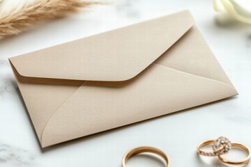 Beige Envelope Mockup with Wedding Rings and Pampas Grass