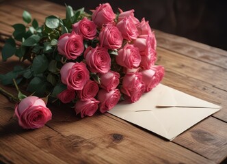 A stunning rose bouquet and a beautifully crafted paper envelop on a wooden table, beauty, love letter