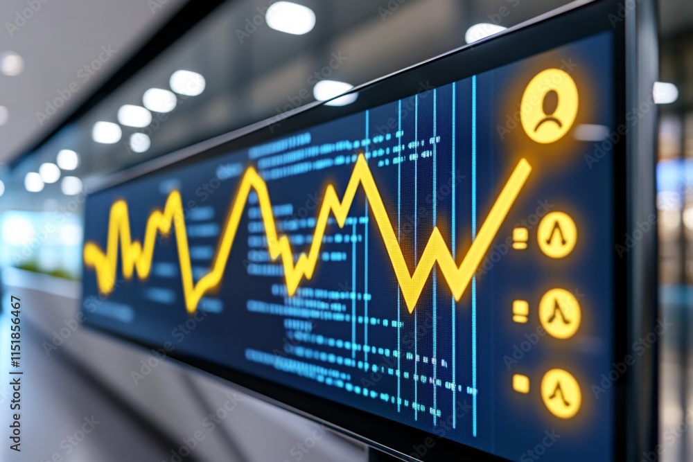 Poster a digital marketing report on a screen, featuring a line graph showing upward trends in engagement a