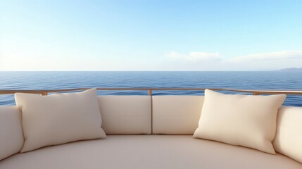A serene view from a yacht, featuring plush cushions and a vast ocean under a clear blue sky.