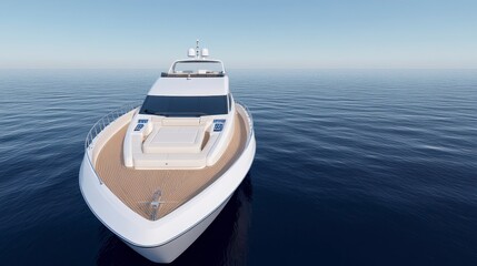 Fototapeta premium A sleek luxury yacht glides over calm ocean waters, showcasing its modern design and spacious deck against a serene sky.