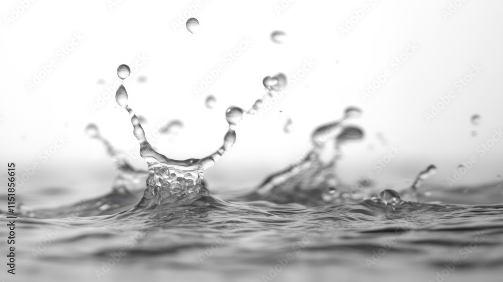 Poster A close-up of water droplets splashing, creating a dynamic and artistic display of liquid motion against a soft background.