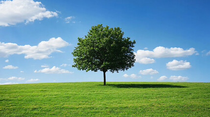 Obraz premium green tree in the park. Morning nature, Expansive green field with a clear blue sky and fluffy clouds, Generative ai.