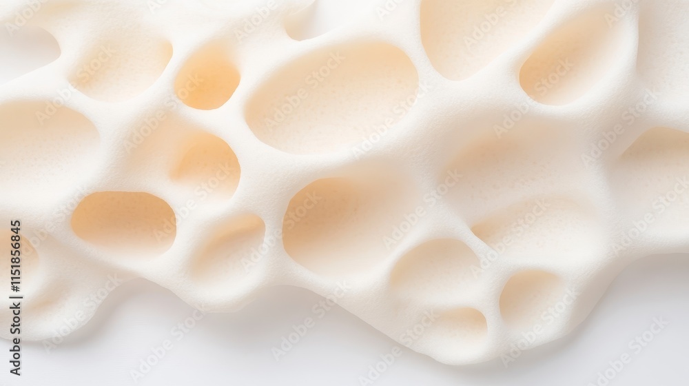 Poster a close-up view of a textured, creamy surface featuring irregular holes and soft curves in a light c