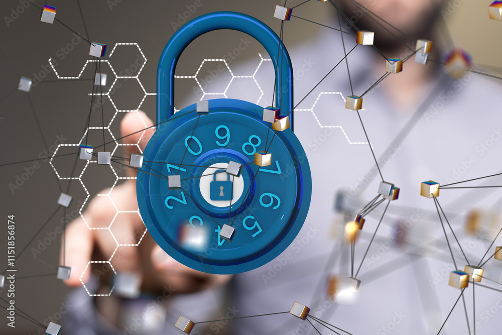 Fototapete Information technology protected with firewall, secure access and encryption against cyber