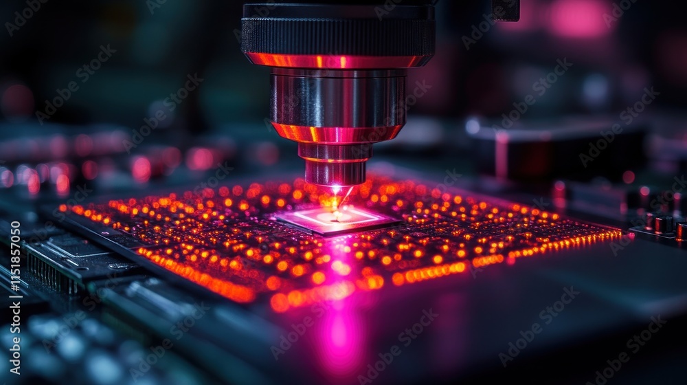 Poster microscopic view of laser welding a microchip on a circuit board.