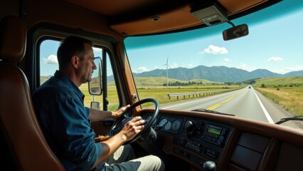 A truck driver sitting in the cabin, hands on the wheel, driving down a long highway with scenic views