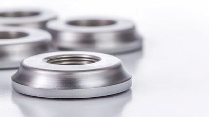 A close-up of metallic washers showcasing their smooth surface and threaded center, ideal for fastening applications.