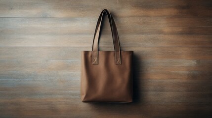 A stylish brown tote bag rests on a wooden surface, showcasing its sleek design and sturdy handles.