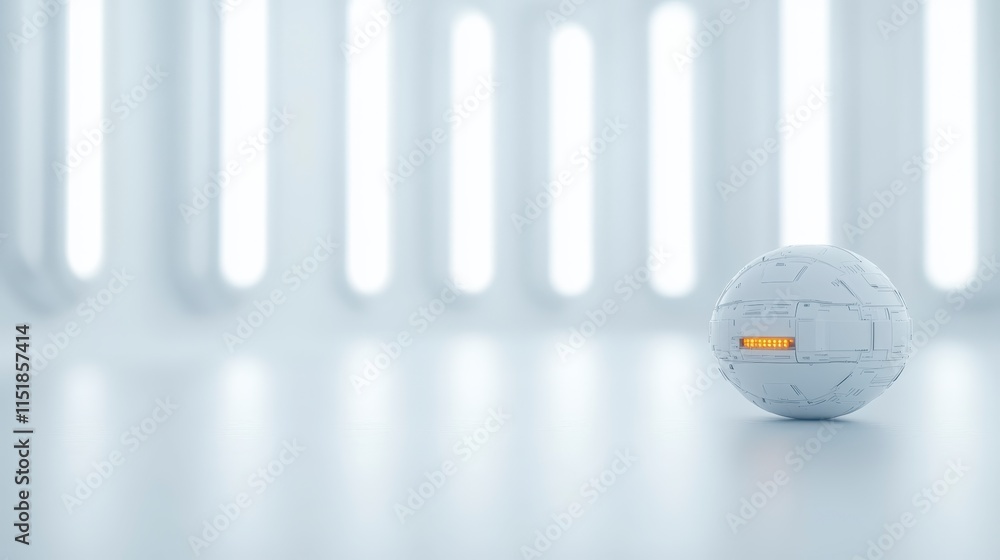 Poster a minimalist, futuristic scene featuring a spherical object on a sleek surface, illuminated by brigh