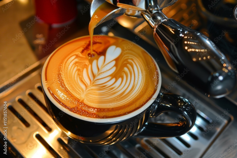 Poster barista adding milk foam creating beautiful latte art in a coffee mug placed on an espresso machine