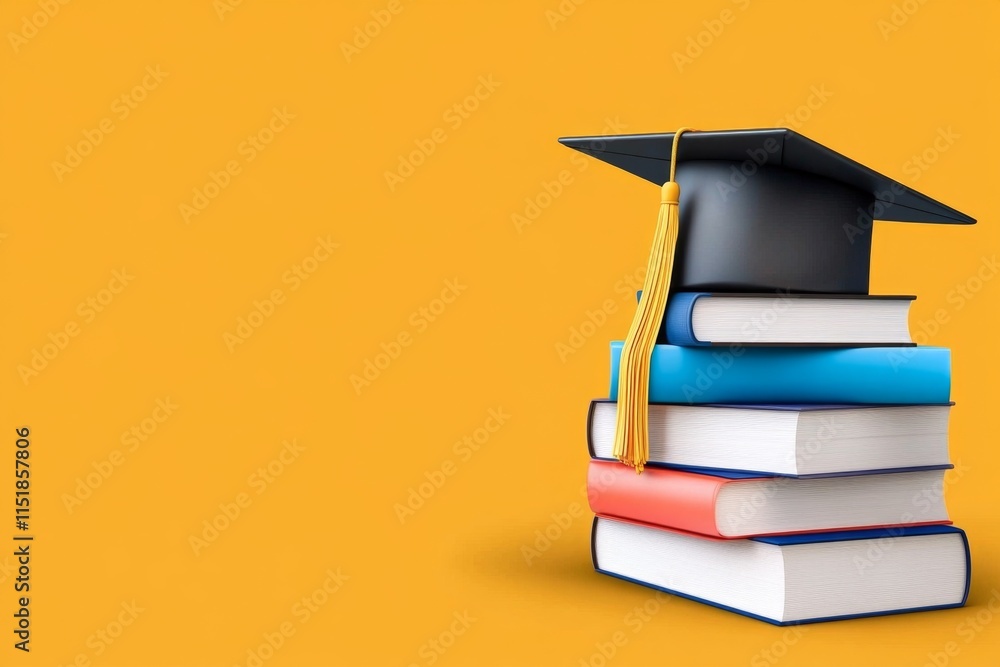 Poster A flat design of a graduation cap resting on a stack of books, created with minimal lines and soft gradient coloring