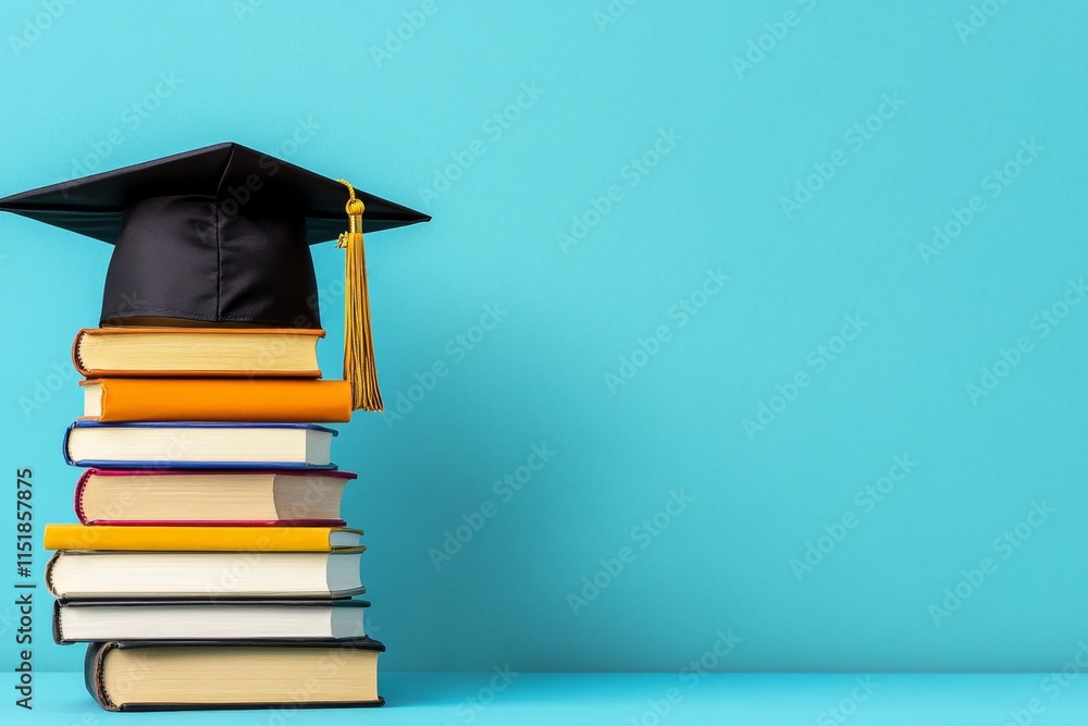 Poster A flat design of a graduation cap resting on a stack of books, created with minimal lines and soft gradient coloring