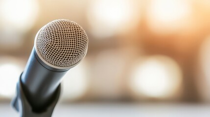 Fototapeta premium A close-up of a microphone, indicating a setting for speaking or performing, with a blurred background creating a warm ambiance.
