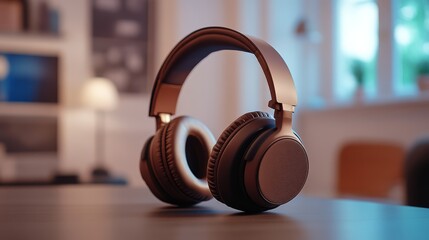 A stylish pair of headphones sits on a table, showcasing modern design and quality, perfect for...