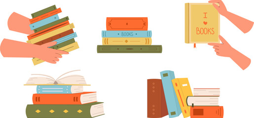 Cute vector stack of books for reading. World Book Day. Education concept. Design template with a pile of open books. Simple funny clipart isolated on white. 