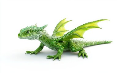 Obraz premium A 3D render of a full-body flying green dragon, isolated on a white background. 