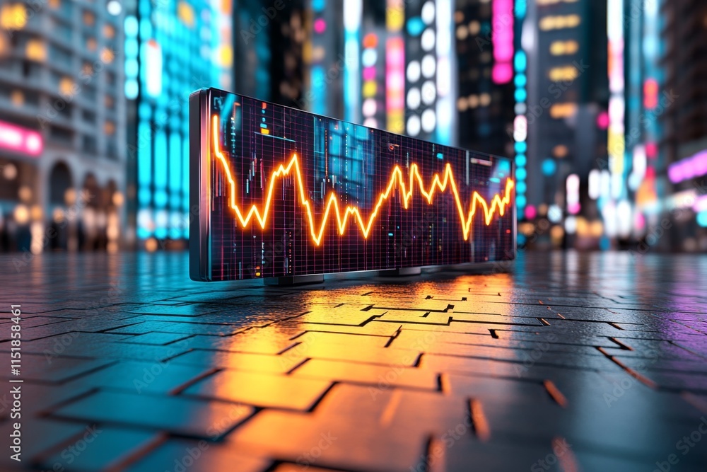 Poster a futuristic graph glowing in neon colors, displayed as a hologram in a high-tech meeting room