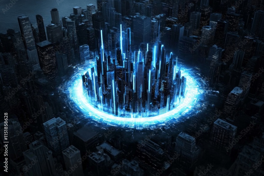 Poster A futuristic holographic guide leading a virtual tour, with glowing maps and data streams projected in mid-air, surrounded by sleek, modern architecture