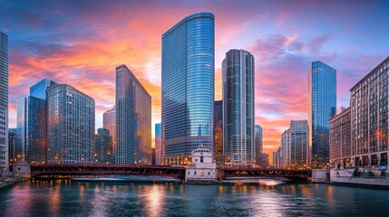 Obraz premium Chicago Cityscape at Sunset Over River and Bridges