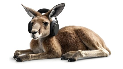 Fototapeta premium Adorable Watercolor Style Kangaroo with Headphones on White Background