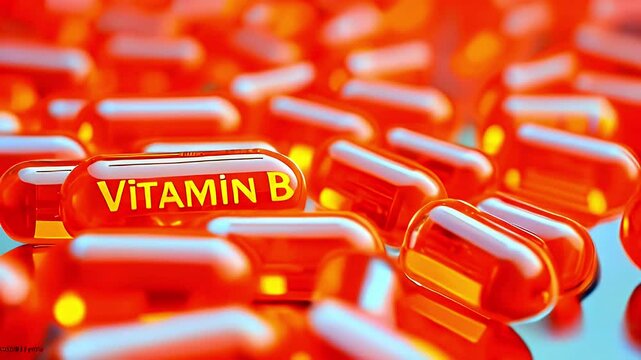 Close-up of orange vitamin B capsules on a vibrant background.