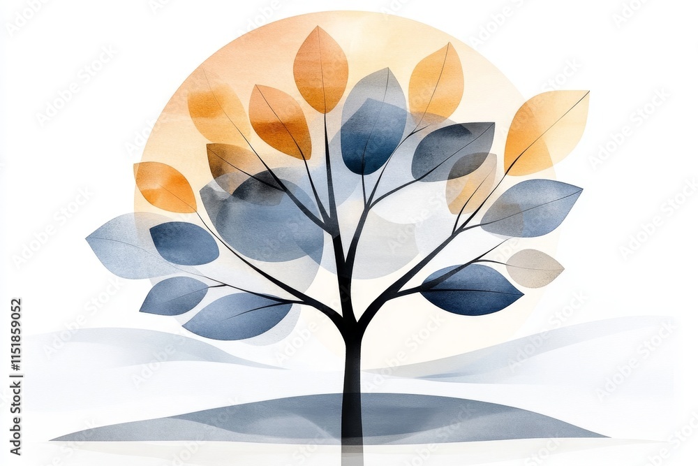 Poster a geometric representation of a tree, with layers of abstract branches and leaves symbolizing stages