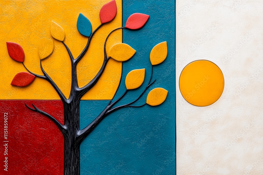 Poster a geometric representation of a tree, with layers of abstract branches and leaves symbolizing stages