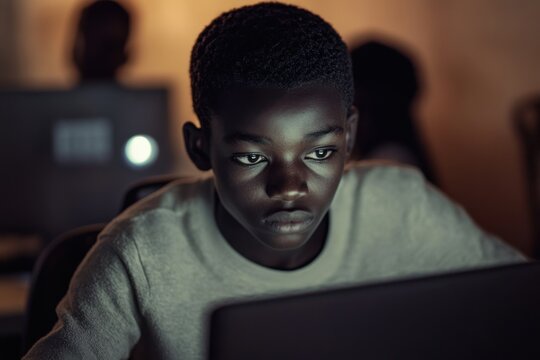 An African boy looking at the screen with a focused expression, typing on a computer in a classroom, with his peers visible in the softly blurred background