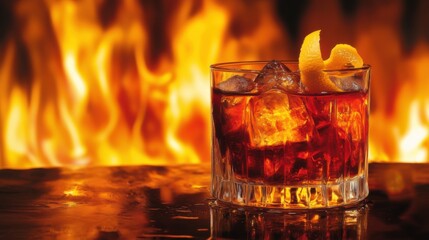 Whiskey cocktail with lemon twist set against a backdrop of flames for dramatic effect