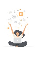 Fototapeta premium Minimalist illustration of a woman sitting on the floor with a laptop, her hands raised in the air, celebrating with a happy facial expression