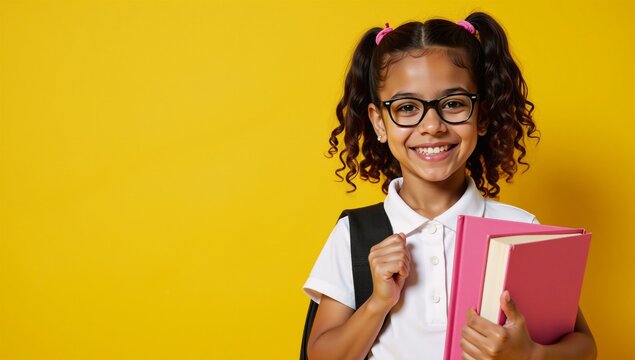 African American schoolgirl smiles brightly in front of a sunny yellow backdrop while carrying her books and backpack