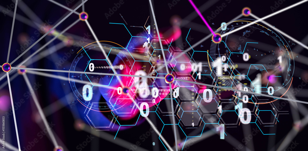 Poster Neural network 3D illustration. Big data and cybersecurity - 3d