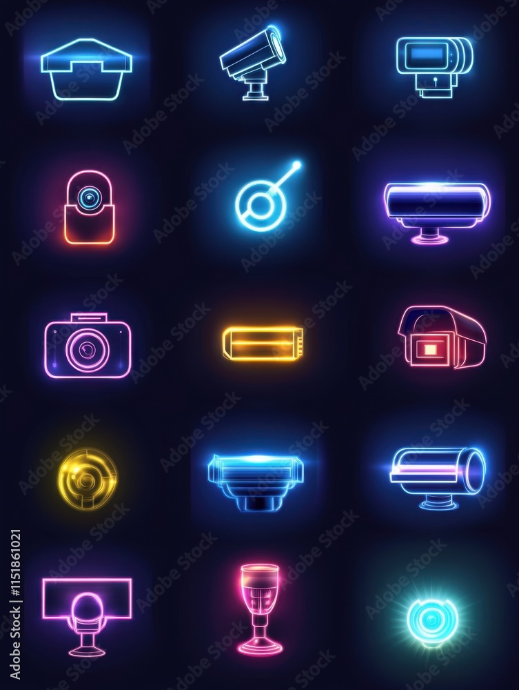 Aufkleber neon icons of surveillance technology showcase various devices and their functions in a vibrant disp