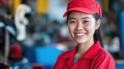 Portrait of Asian female mechanic in red uniform with cap on top of hair tied back smiling at camera in workshop car parts and tools blurred background