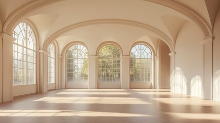 Fototapeta premium Sunlit Grandeur: An Elegant Empty Ballroom Basking in Golden Sunlight