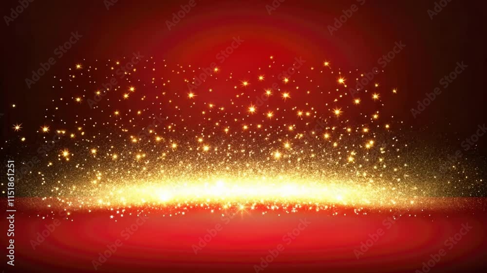 Poster vibrant background with golden sparkles and stars on red gradient, creating magical and festive atmo
