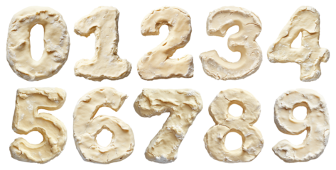 A font set of numbers made of dough and flour, PNG isolated on a transparent background.