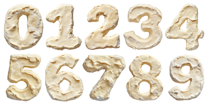 A font set of numbers made of dough and flour, PNG isolated on a transparent background.
