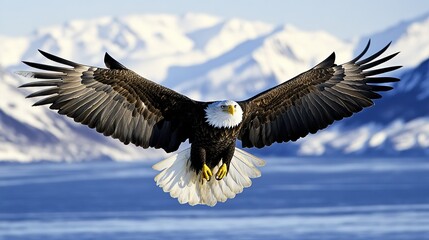 Fototapeta premium Majestic Bald Eagle Soaring Above Snowy Mountains