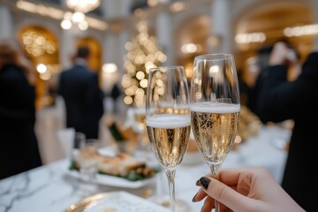 Obraz premium Two champagne glasses clink in a festive setting, celebrating the joyous moments shared amongst friends and family during a special holiday gathering.