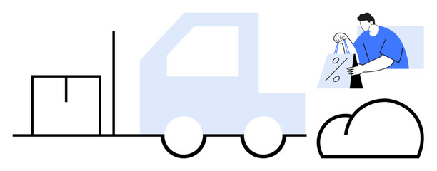 Delivery truck transporting packages, man handling shopping bags, and cloud computing icon. Ideal for e-commerce, delivery services, logistics, online shopping, cloud storage, logistics management