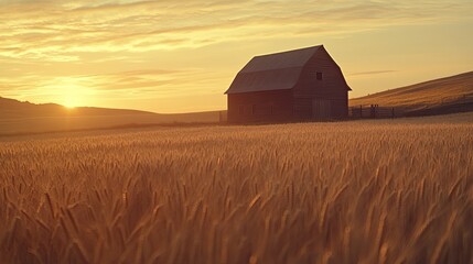 Golden Sunset Over Wheat Field With Barn