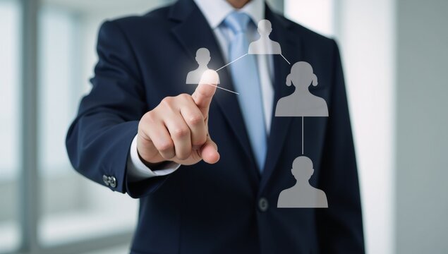 A businessman interacts with a social networking platform surrounded by diverse female icons representing his digital team