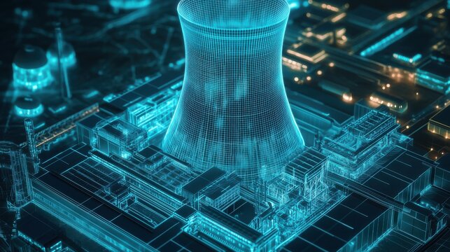 Digital representation of a nuclear power plant showcasing advanced technology and infrastructure at night