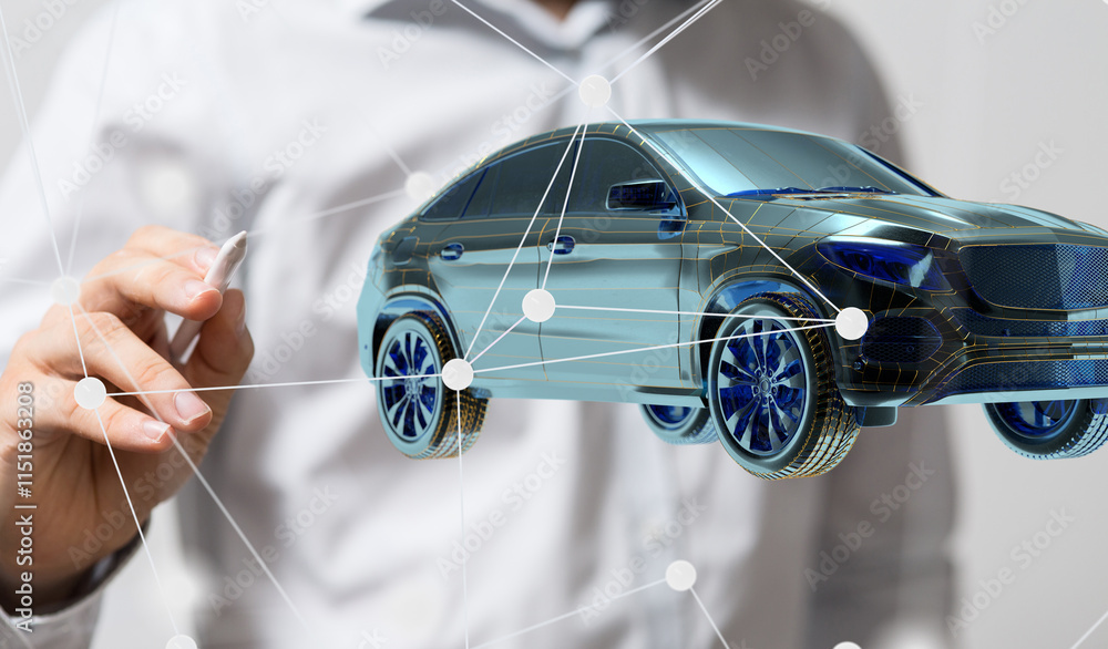 Poster autonomous car with hud graphic of navigation system driving