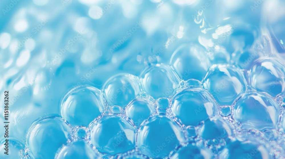 Poster close-up view of glossy water bubbles reflecting light and creating an ethereal atmosphere in a sere