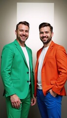 Vibrant-colored portrait featuring a standing gay couple