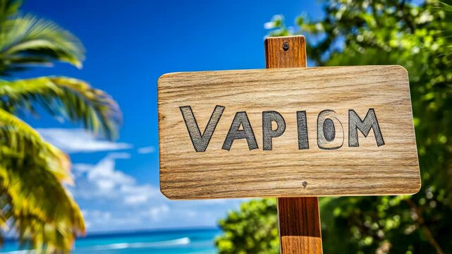 Wooden signpost indicating a beach location named Vapiom under a bright blue sky with palm trees in the background